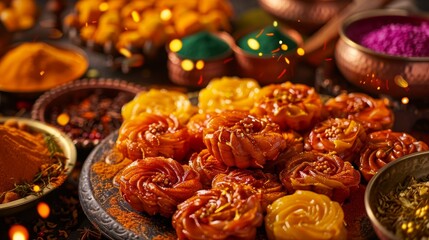 Fototapeta premium A vibrant Indian bakery with colorful sweets like jalebi and gulab jamun, set against a backdrop of festive decorations