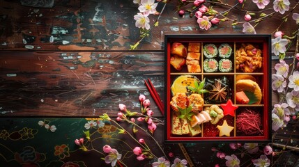 A vibrant Japanese bento box filled with assorted snacks, arranged on a traditional wooden table, with delicate cherry blossoms in the background