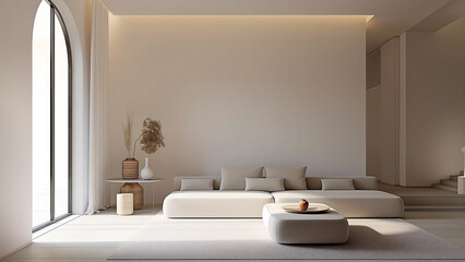 Stylish and modern living room. Sofa, chairs, cushions, art. Real estate, villa, sofa, minimalist room, copy space, mock up
