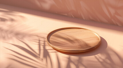 Minimalist Wooden Tray with Leaf Shadows in Soft Sunlight