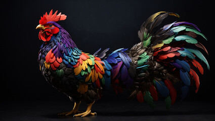 Naklejka premium brightly colored rooster with rainbow feathers is standing and facing to the left of the viewer.