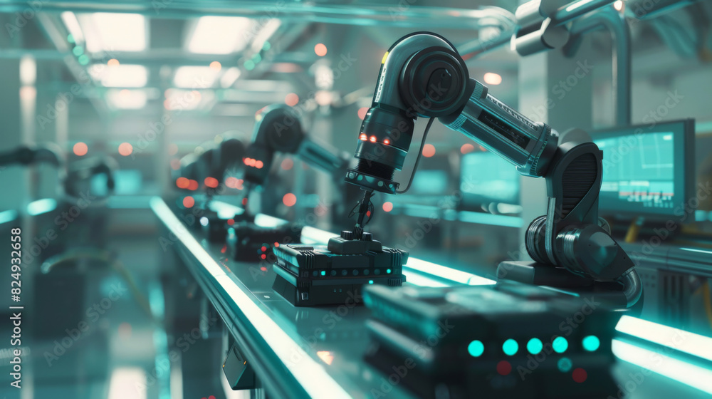 Poster robotic arms on a production line in a modern factory, illustrating advanced automation technology a