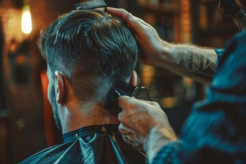 professional barber giving haircut to customer mens grooming and styling concept photography