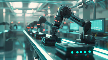 Fototapeta premium Robotic arms on a production line in a modern factory, illustrating advanced automation technology and precision engineering.