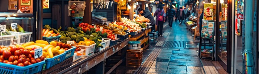 A vibrant scene of a street market in Japan, featuring stalls selling fresh seafood and vegetables, bustling with energy and local charm