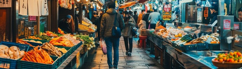 Obraz premium A vibrant scene of a street market in Japan, featuring stalls selling fresh seafood and vegetables, bustling with energy and local charm