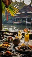 A vibrant scene of a Thai riverside restaurant with a table set with various Thai dishes and fresh coconut drinks, overlooking the water