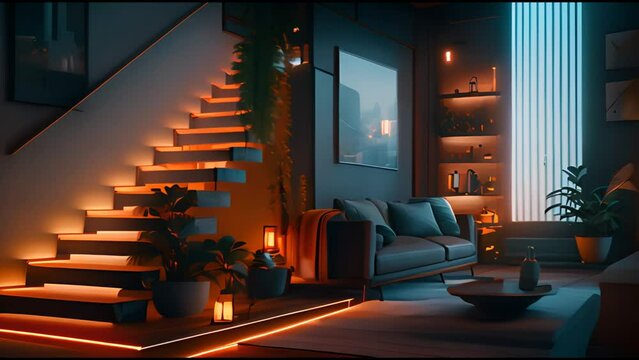 Wooden stairs with neon light illumination in loft. Interior, beautiful loft, hardwood floor