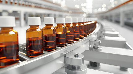 The  empty healthcare  bottles  on the conveyor belt for filling process. t isolated on white background, detailed, png
