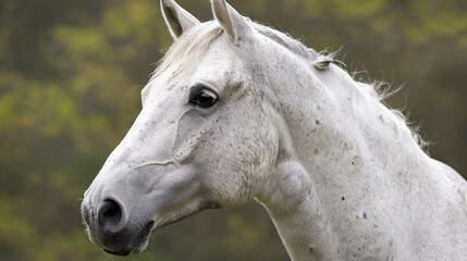 A closeup portrait of an elegant white horse with its head slightly tilted to the side