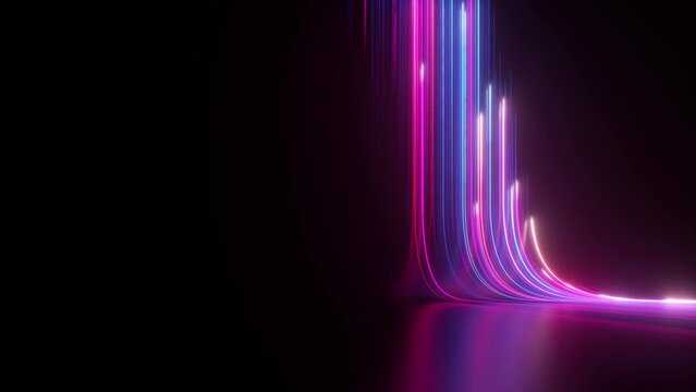 3d animation, abstract background with pink and blue neon lines go up from left to right, reflection on the floor