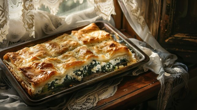 Albanian byrek, spinach and feta in flaky pastry, served on a vintage metallic tray, old kitchen table, morning light filtering through lace curtains