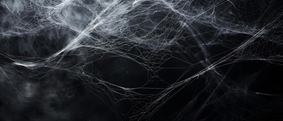 Real creepy spider webs silhouette isolated on black banner panorama - Halloween background template