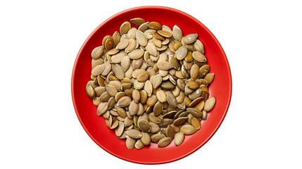A red bowl is filled with nuts sitting on top of a white table