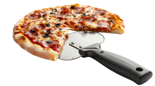 A pizza cutter with a slice missing from it, showcasing its sharp blade and usage
