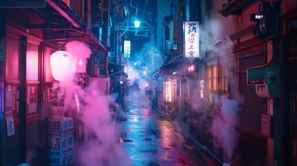 An atmospheric shot of a Japanese alley at night, lined with ramen shops, capturing the steam and neon lights, inviting a culinary adventure
