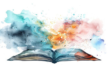 Imaginative watercolor painting of an open book with colorful splashes, symbolizing creativity, inspiration, and the power of imagination.