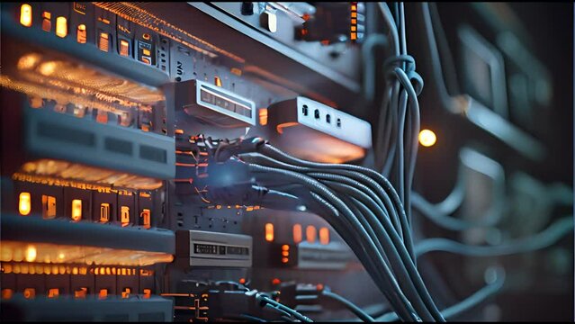Fiber Optic cables connected to optic ports and UTP, Network cables connected to ethernet ports