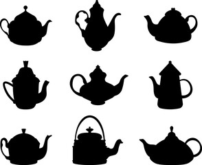 Teapot silhouettes. Kitchen teapot or kettle decorative ceramic. Isolated modern coffee tea vector set.