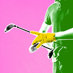 Art of Luxury Sports. Cropped image of male golfer in uniform gloves with golf clubs on pink...