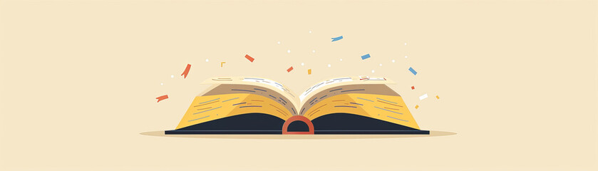 Open book with pages flying out, symbolizing imagination and knowledge on a minimalist beige background. © Wit_Photo