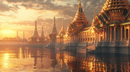 Golden Spires of Bangkoks Grand Palace Bathed in Calm Morning Sunlight