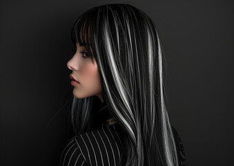 Mujer joven 20s adolescente con el pelo teñido en dos tonalidades, negro con mechones blancos elegante, sofisticada, con traje de iguales lineas, fondo negro mate, primer plano vista de perfil estilo