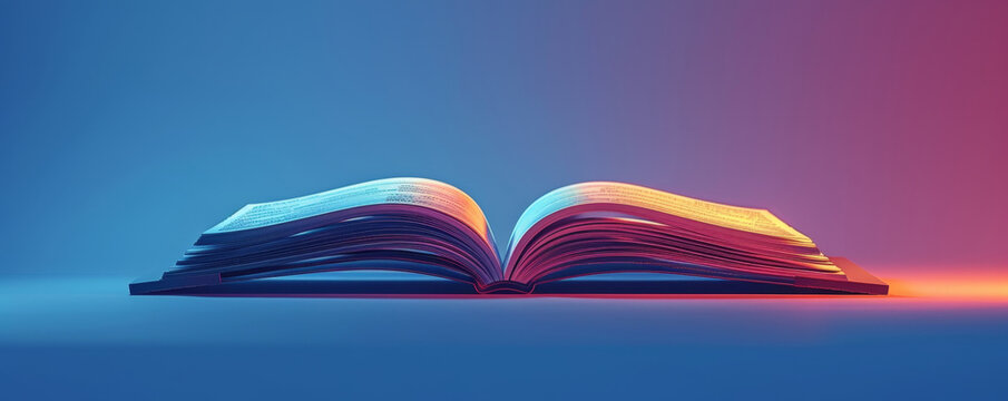 Open book with vibrant, colorful lighting creating a serene reading environment, emphasizing literature and education in a modern setting.