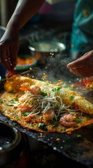 Banh xeo, Vietnamese crispy crepe filled with shrimp and bean sprouts, busy Saigon street food stall