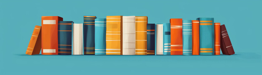 A neatly arranged collection of various books on a blue background, showcasing a colorful and organized bookshelf for literature enthusiasts.