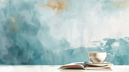 A serene watercolor background with a coffee cup and open book, perfect for cozy reading or relaxation imagery.
