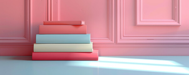 A stack of colorful books against a pink wall with light streaming in, creating a bright and inviting atmosphere.