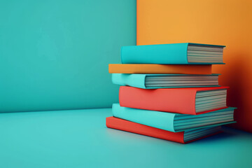 A vibrant stack of colorful books against a two-toned background of teal and orange, showcasing a modern and artistic arrangement of literature.