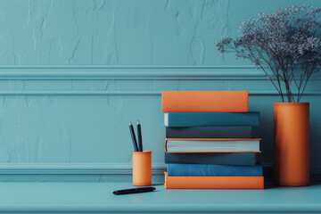 Aesthetic still life with books, pencils, vase with flowers against a teal wall. Minimal and stylish workspace or home office setup.