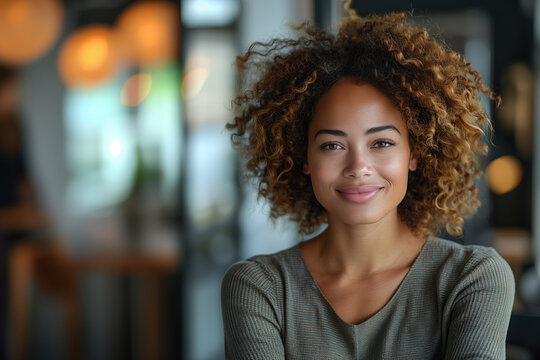 Mujer morena, pose casual, rizos o bucles, sonriente, camisa verde, de pie en un pasillo, interior. Fondo difuminado, de frente, confianza, seguridad, fortaleza, cr&eacute;dito, toma de decisiones, certeza
