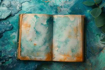An artistic open book with blank watercolor-stained pages, set against a textured, colorful background with leaves.