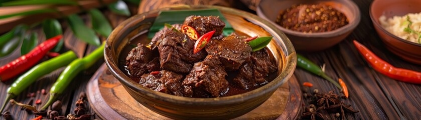 Beef rendang, slowcooked in coconut milk and spices, festive Indonesian ceremony
