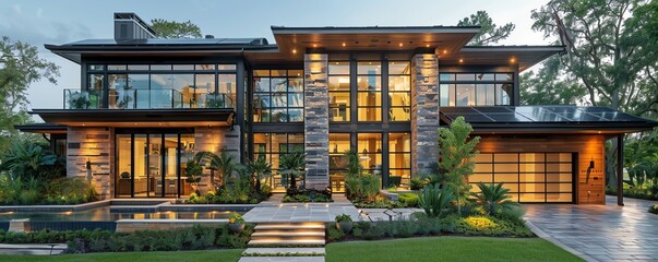 Design a modern house with a pool. The house should have a lot of glass windows and a modern design. The house should be surrounded by trees and have a beautiful landscape.