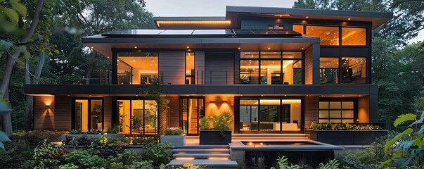 Design a modern house with a lot of glass windows