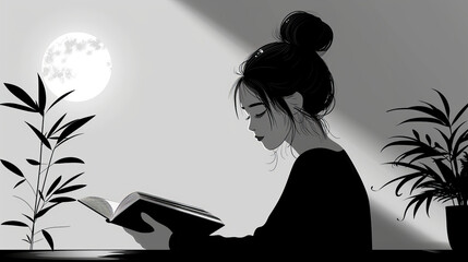Black and white illustration of a woman reading a book by the window at night with the moon shining, surrounded by potted plants.