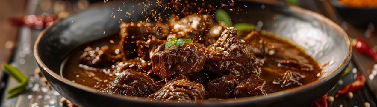 Beef rendang, slowcooked in coconut milk and spices, festive Indonesian ceremony