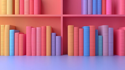 Colorful books arranged on shelves with a gradient background. Bright and vibrant tones create a cheerful and organized workspace or home decor.