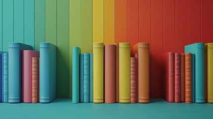 Colorful books lined up in a gradient pattern on a rainbow background. Ideal for education, literature, or library themes.
