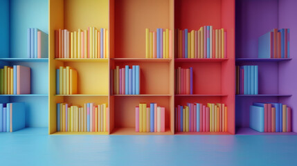 Colorful bookshelves filled with neatly arranged books, creating a vibrant and inviting atmosphere in a modern library setting.