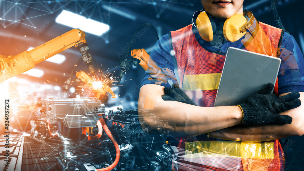 Aufkleber mlb mechanized industry robot arm and factory worker double exposure. concept of robotics technology