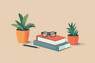 Cozy workspace with books, eyeglasses, pencil, and potted plants on a beige background. Minimalist decor and study essentials for productivity.
