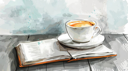 Cozy watercolor painting of a cup of coffee and an open book on a wooden table, capturing a tranquil moment of relaxation and enjoyment.
