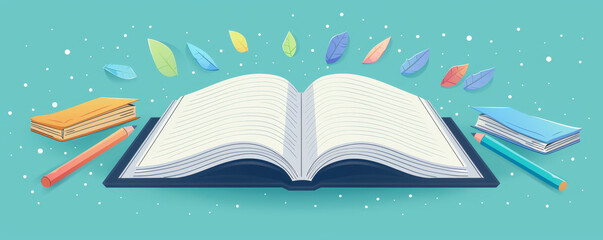 Creative illustration of an open book with colorful pages, pencils, and sparkles, symbolizing learning and imagination.