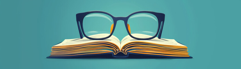 Glasses resting on an open book, symbolizing knowledge, learning, and reading against a teal background.