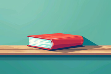 Illustration of a red book on a wooden shelf against a teal background. Perfect for education, reading, and literature concepts.